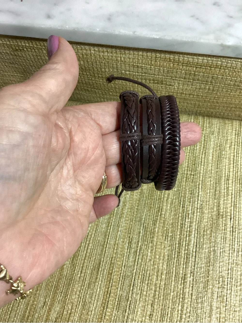Men's Dark Brown Leather Braided Bracelet Set